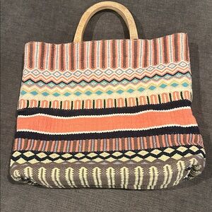J. Jill Woven Woven Cotton Tote Bag Wooden Handles Lined